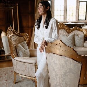 LILY BRIDAL FLORAL JACQUARD TIE FRONT PANT SET IN DOVE